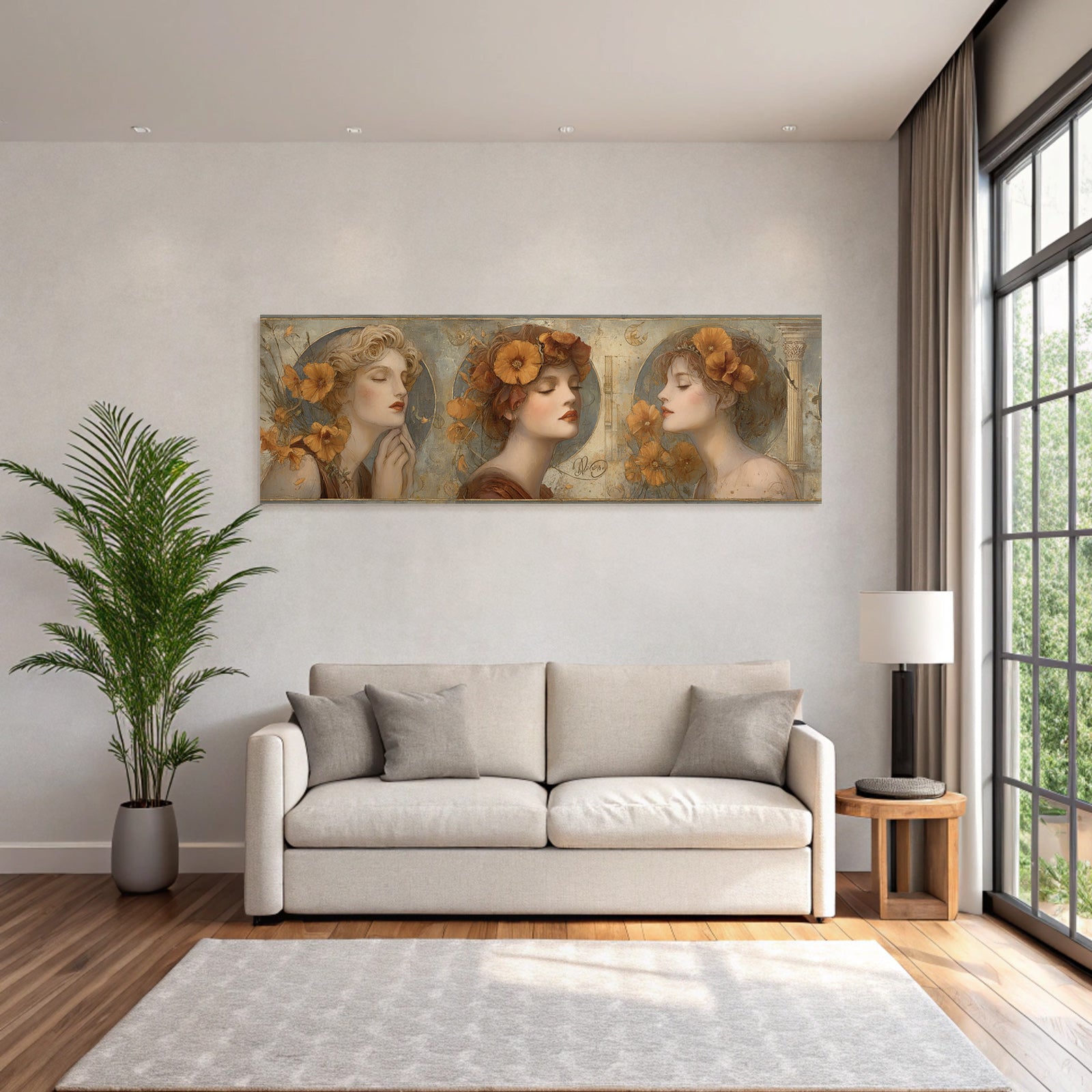 Triptychon Drei Frauen Mit Orangen Poppies Kunst Nouveau
