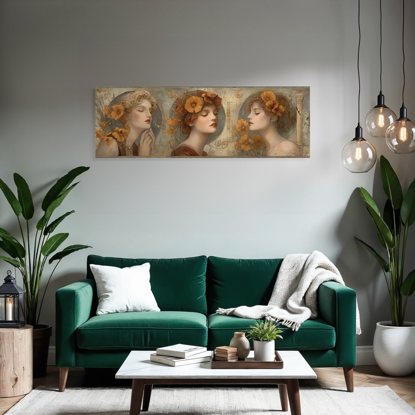 Triptychon Drei Frauen Mit Orangen Poppies Kunst Nouveau