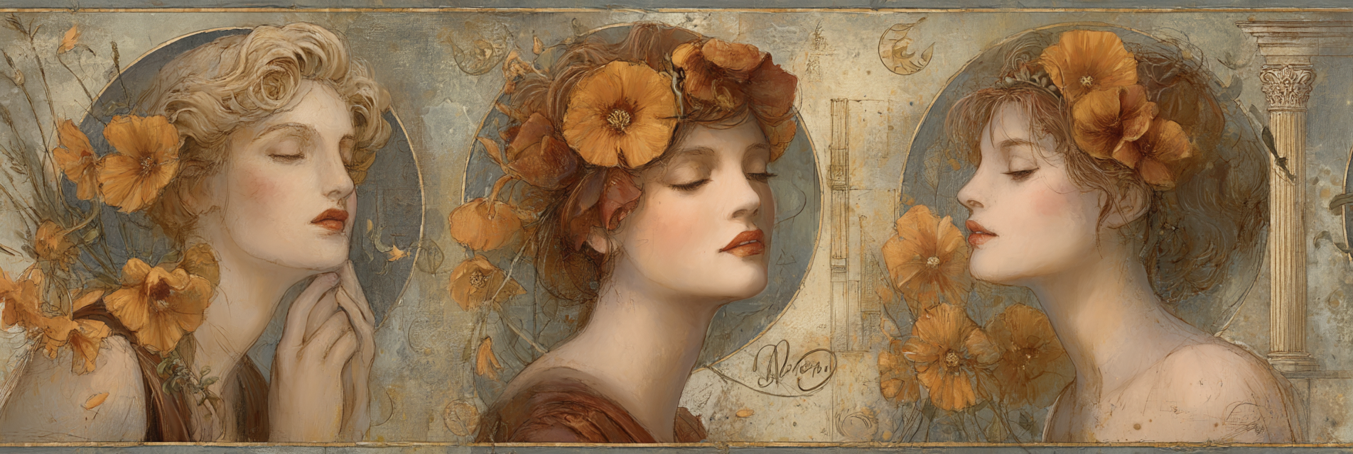 Triptychon Drei Frauen Mit Orangen Poppies Kunst Nouveau | Klassisch | Einrichtungsstile