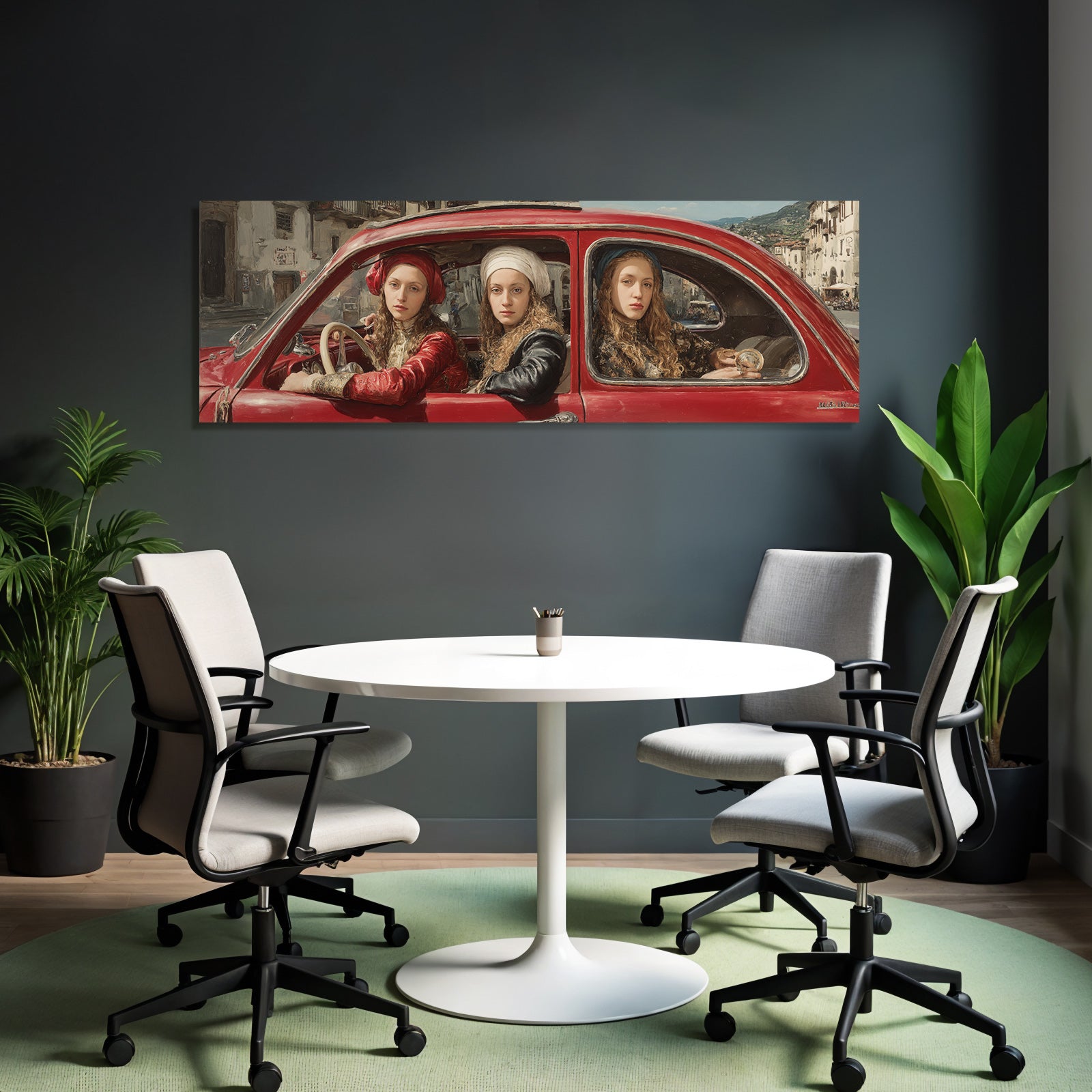 Vintage Rotes Auto Mit Drei Personen In Historischer Kleidung