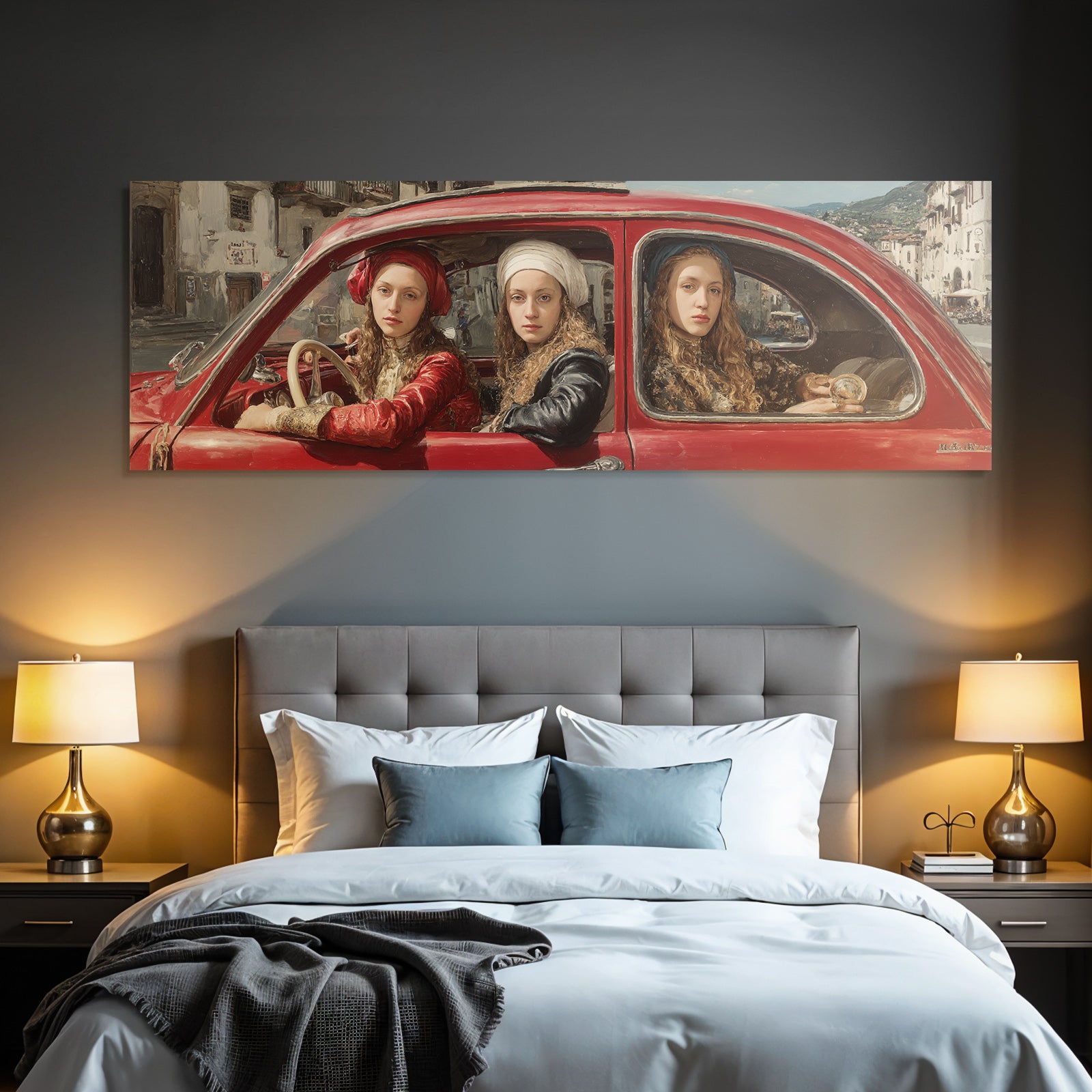 Vintage Rotes Auto Mit Drei Personen In Historischer Kleidung