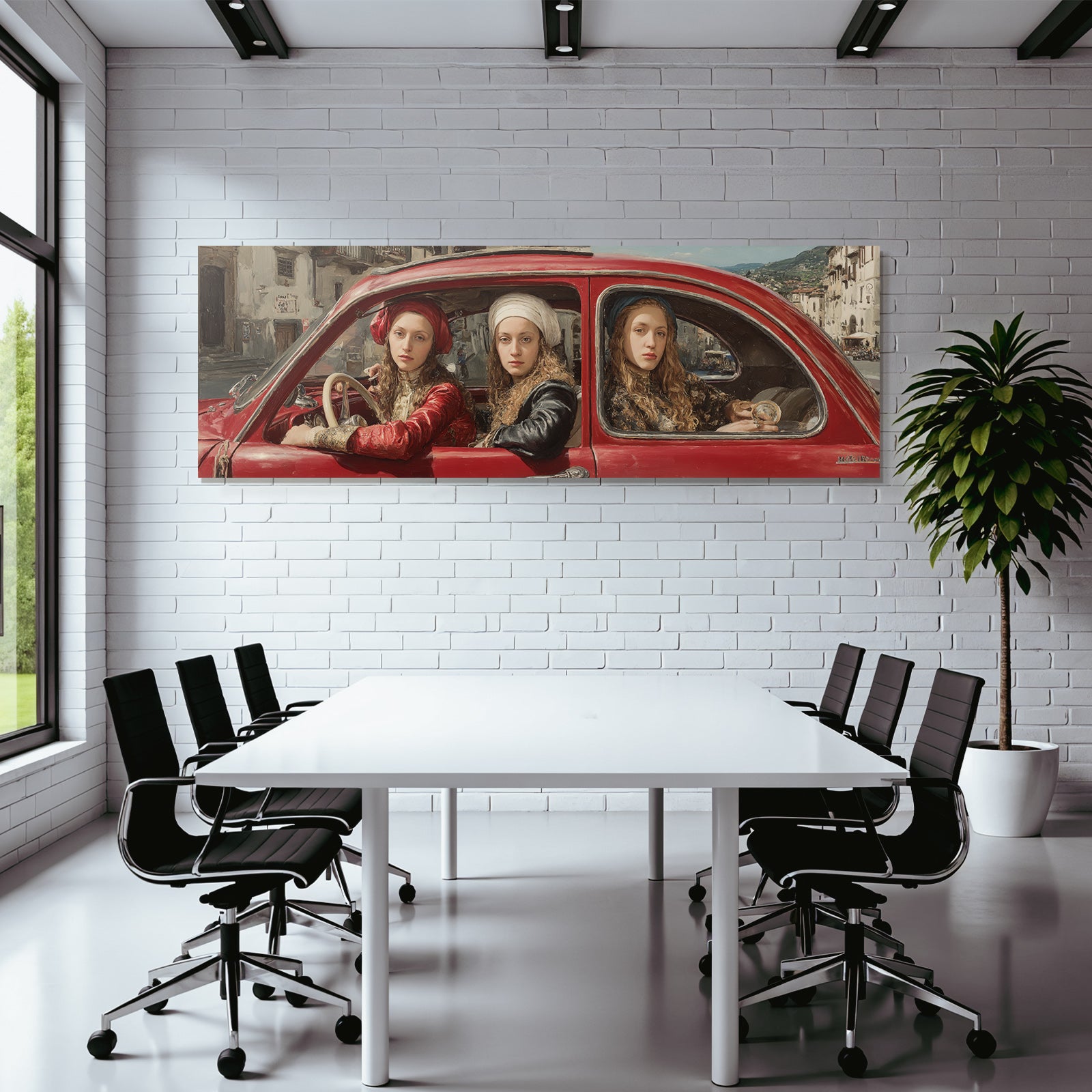 Vintage Rotes Auto Mit Drei Personen In Historischer Kleidung