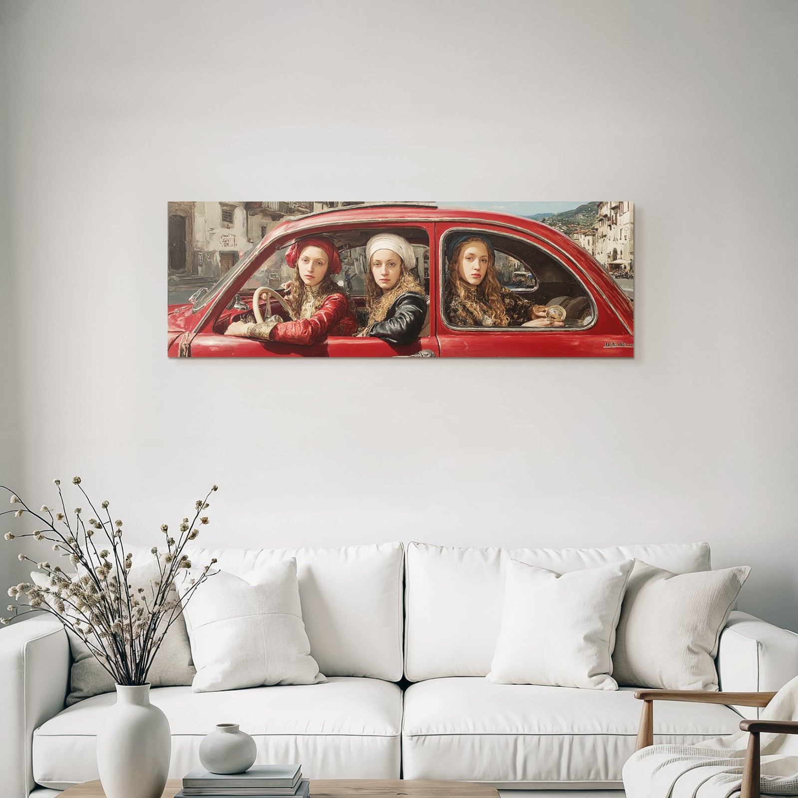 Vintage Rotes Auto Mit Drei Personen In Historischer Kleidung