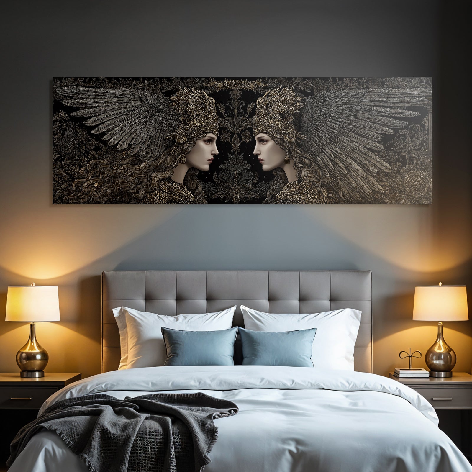 Two women with wings and headdresses in fantasy style
