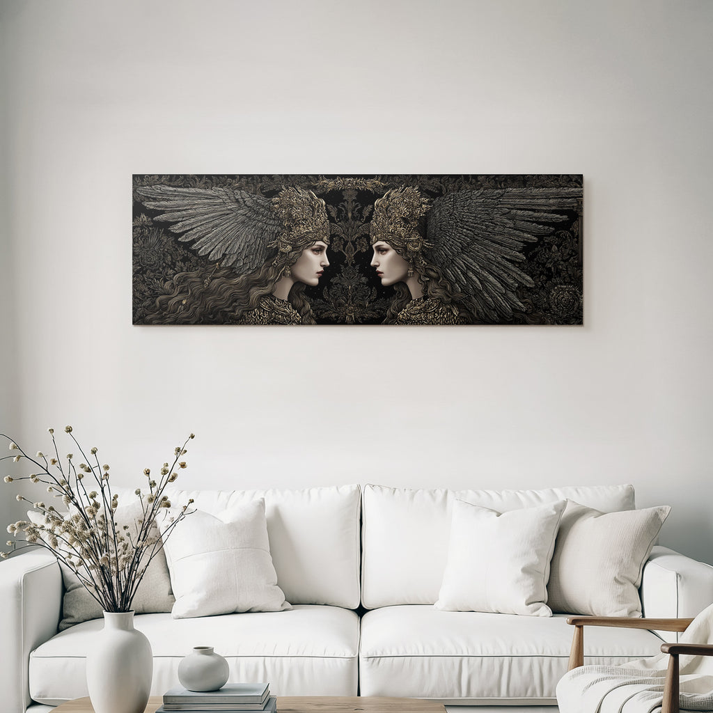 Two women with wings and headdresses in fantasy style