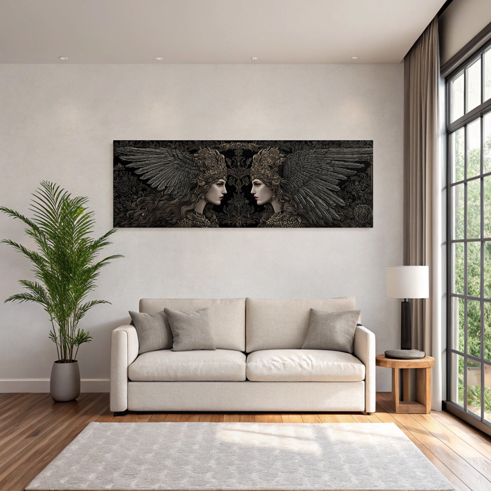Two women with wings and headdresses in fantasy style