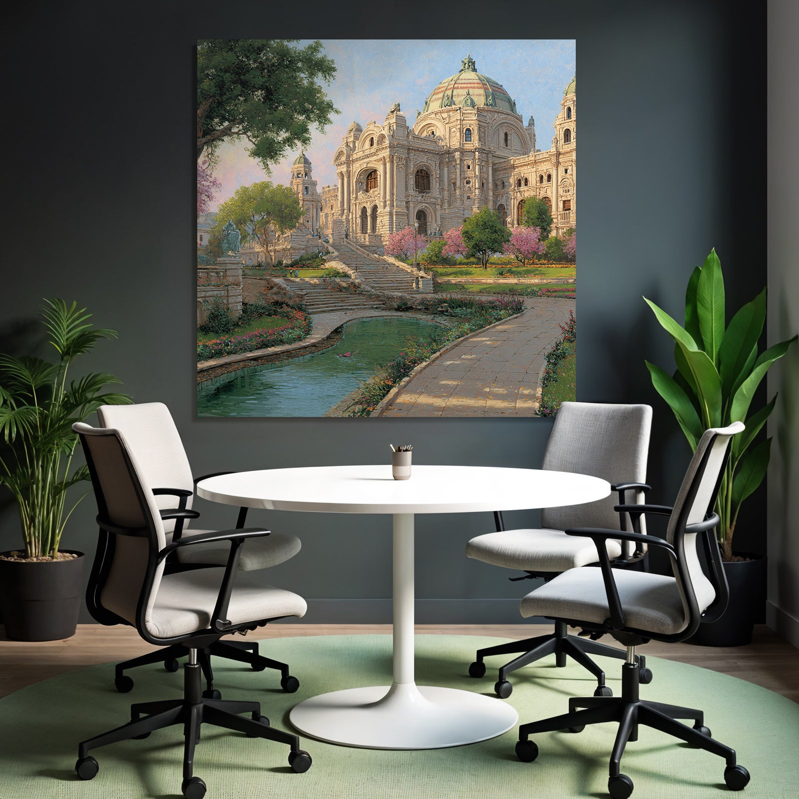 Architectural Scene Ornate Building In Garden With Water Feature