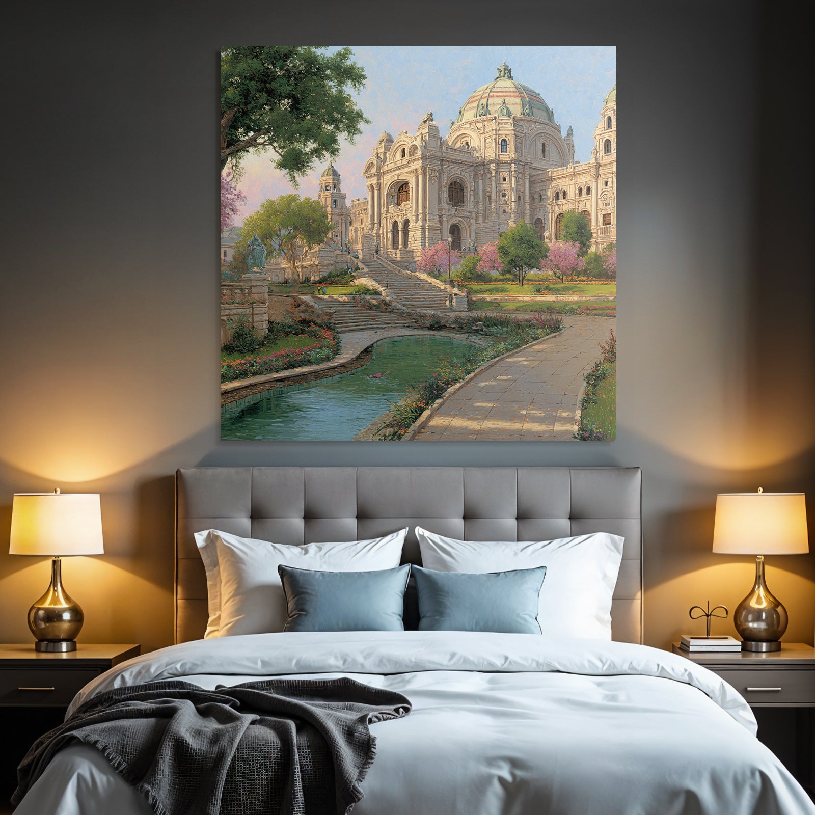 Architectural Scene Ornate Building In Garden With Water Feature