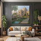 Architectural Scene Ornate Building In Garden With Water Feature