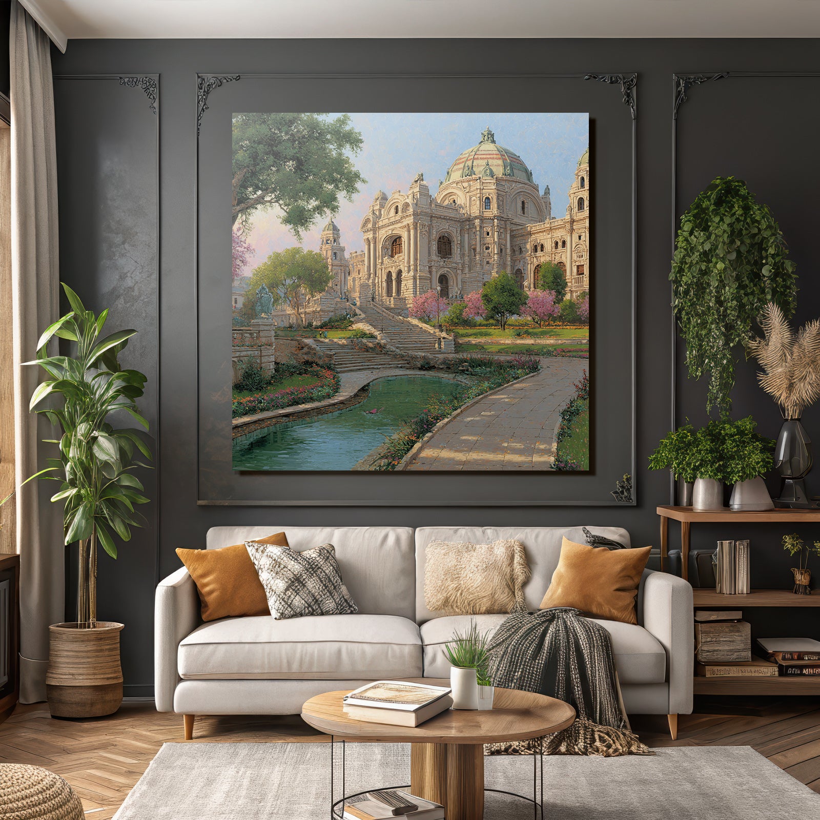 Architectural Scene Ornate Building In Garden With Water Feature
