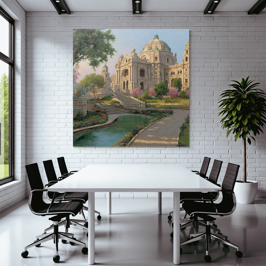 Architectural Scene Ornate Building In Garden With Water Feature
