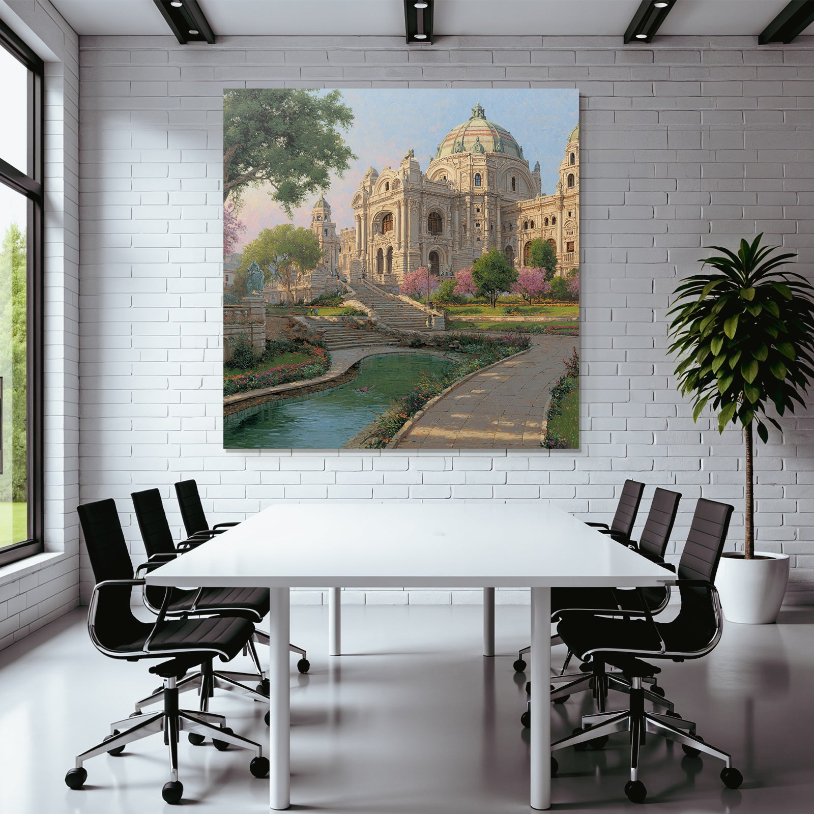Architectural Scene Ornate Building In Garden With Water Feature