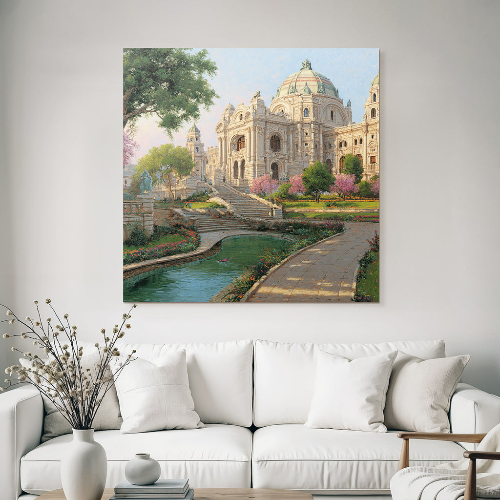 Architectural Scene Ornate Building In Garden With Water Feature