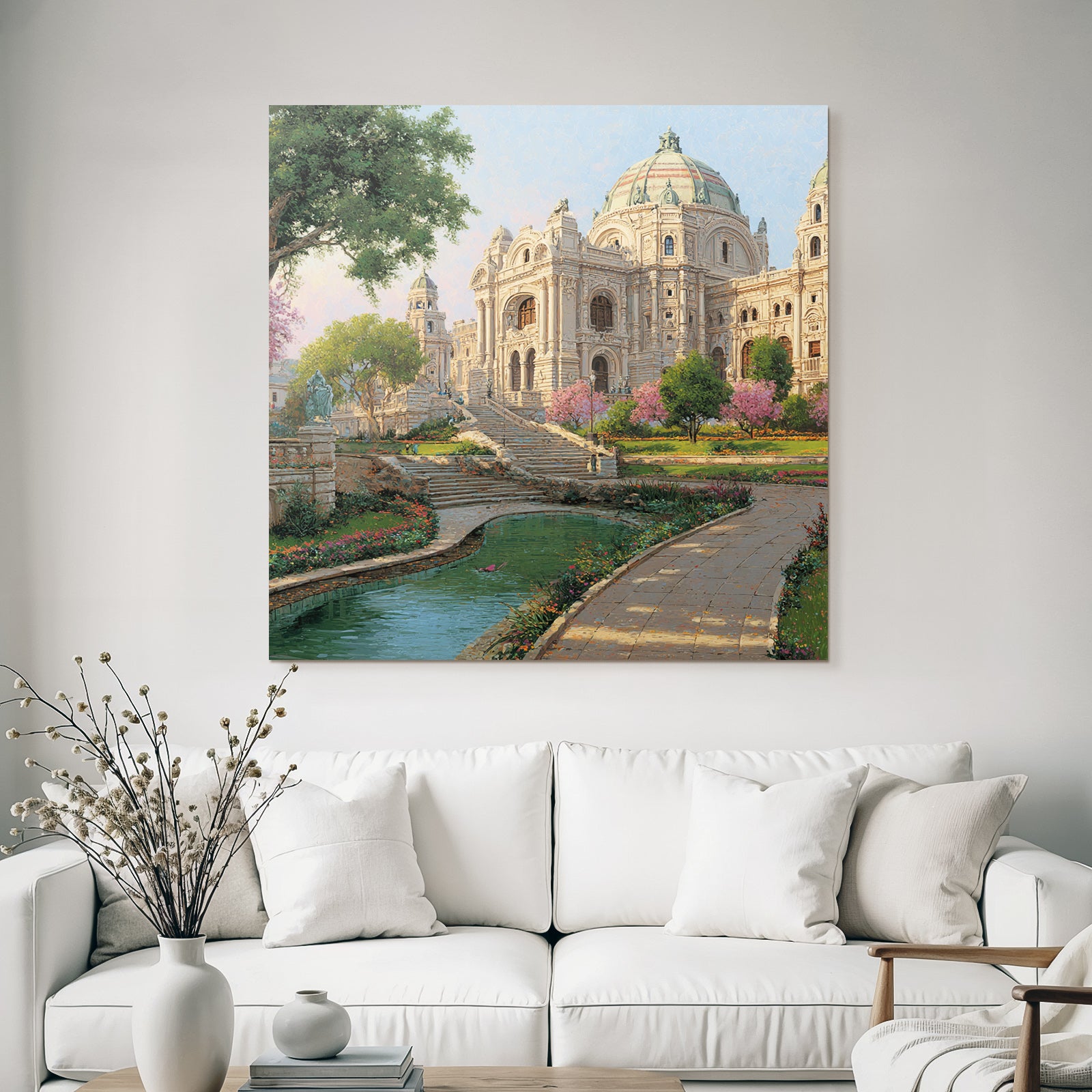 Architectural Scene Ornate Building In Garden With Water Feature