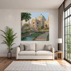 Architectural Scene Ornate Building In Garden With Water Feature