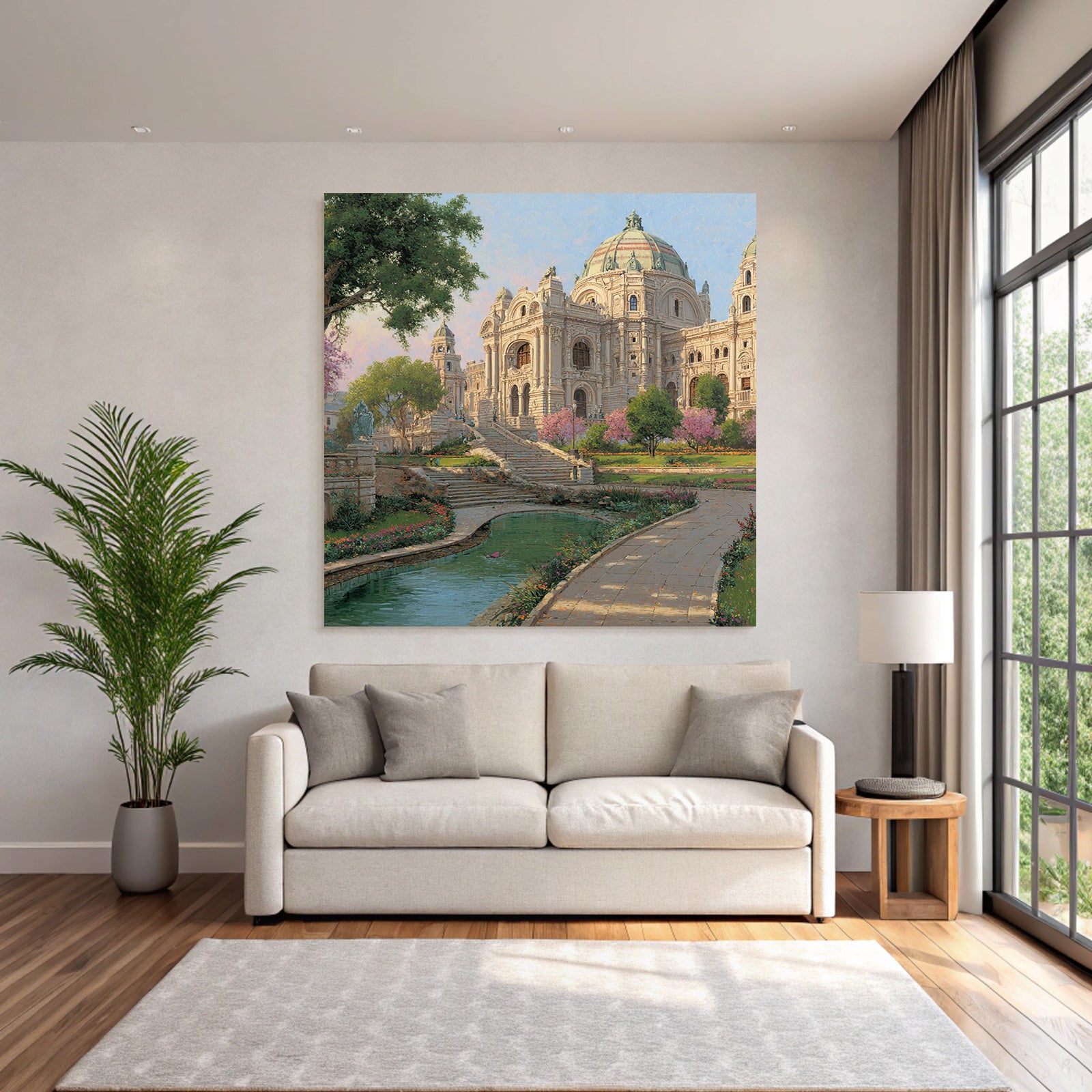 Architectural Scene Ornate Building In Garden With Water Feature
