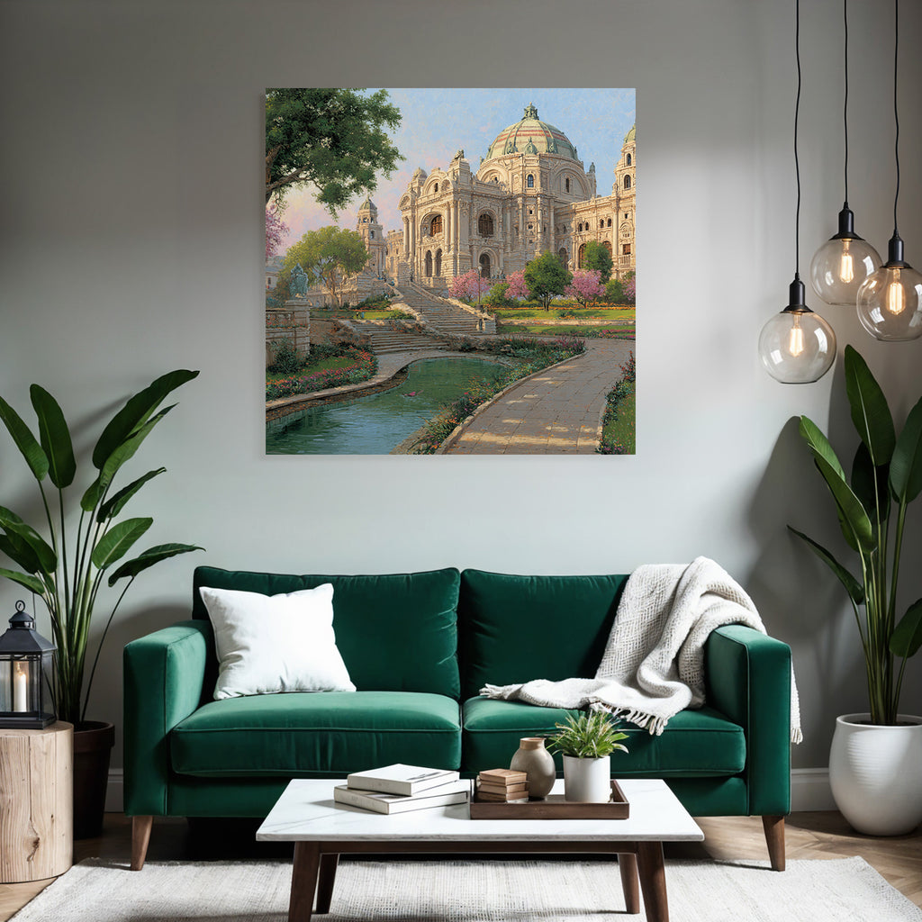 Architectural Scene Ornate Building In Garden With Water Feature