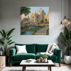 Architectural Scene Ornate Building In Garden With Water Feature
