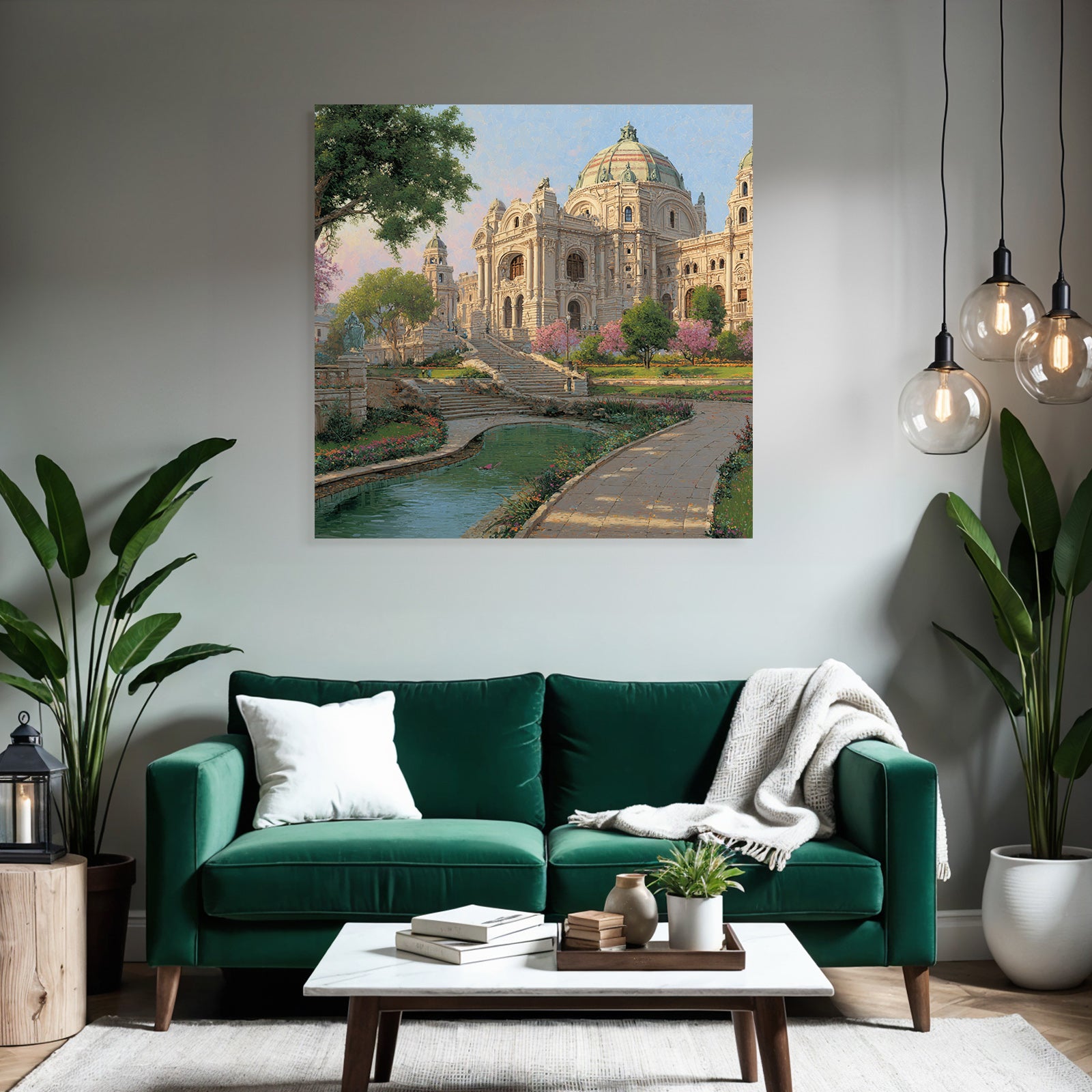 Architectural Scene Ornate Building In Garden With Water Feature