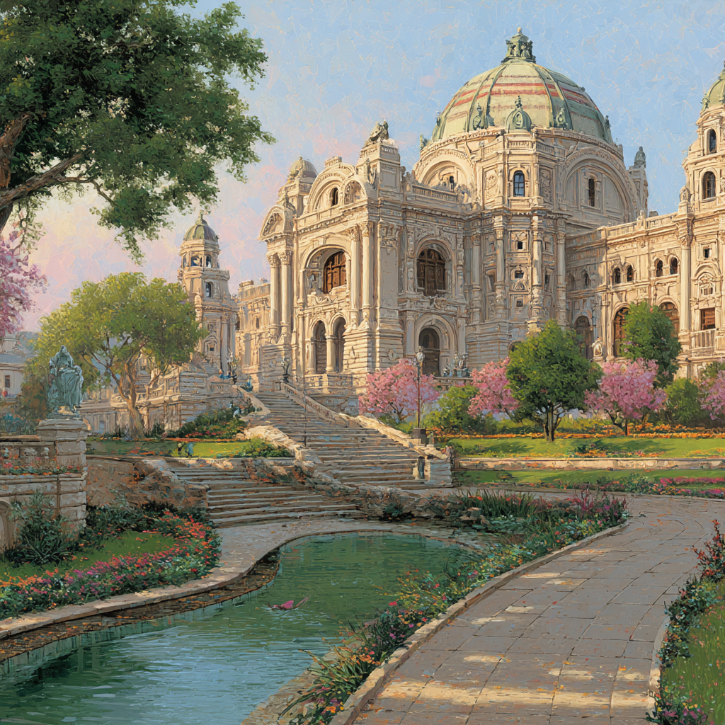 Architektonische Szene Ornate Gebaeude Im Garten Mit Wasser Feature | Klassisch | Einrichtungsstile