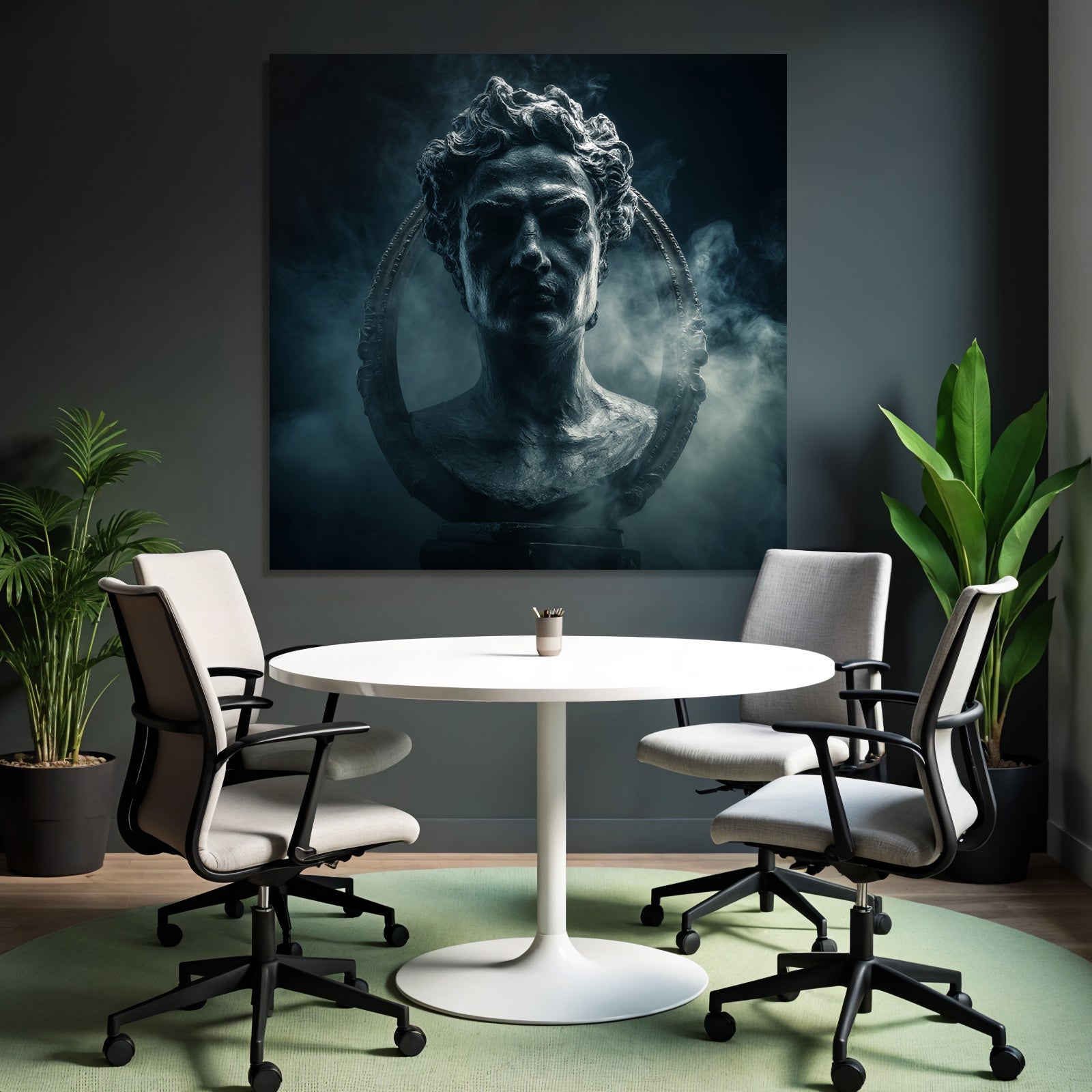 Dramatic artistic representation of a sculpture of a historical figure