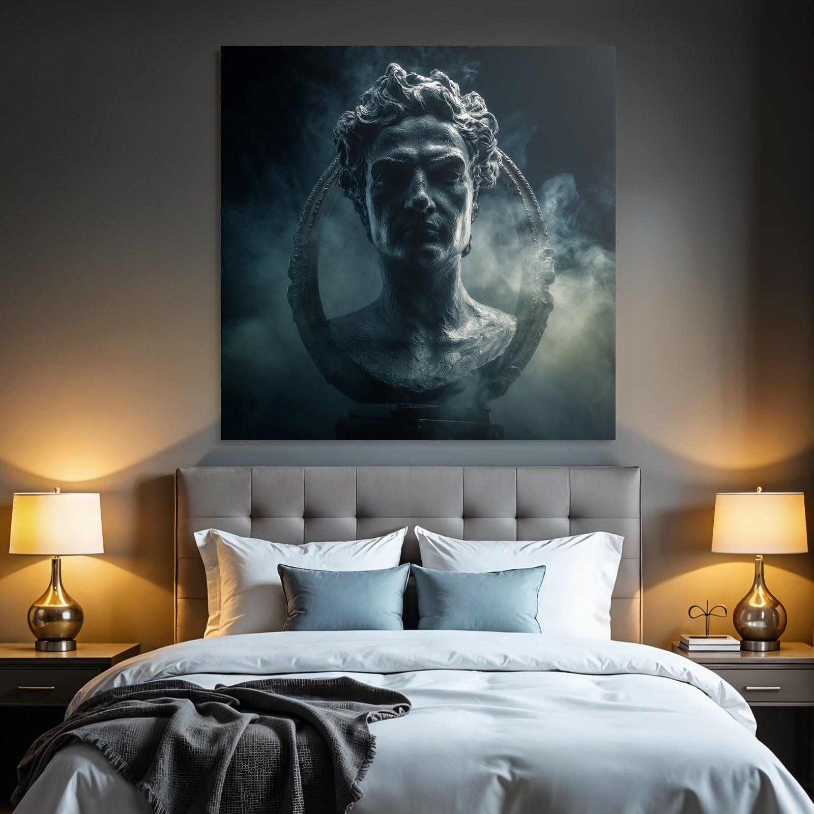 Dramatic artistic representation of a sculpture of a historical figure