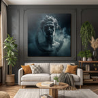Dramatic artistic representation of a sculpture of a historical figure