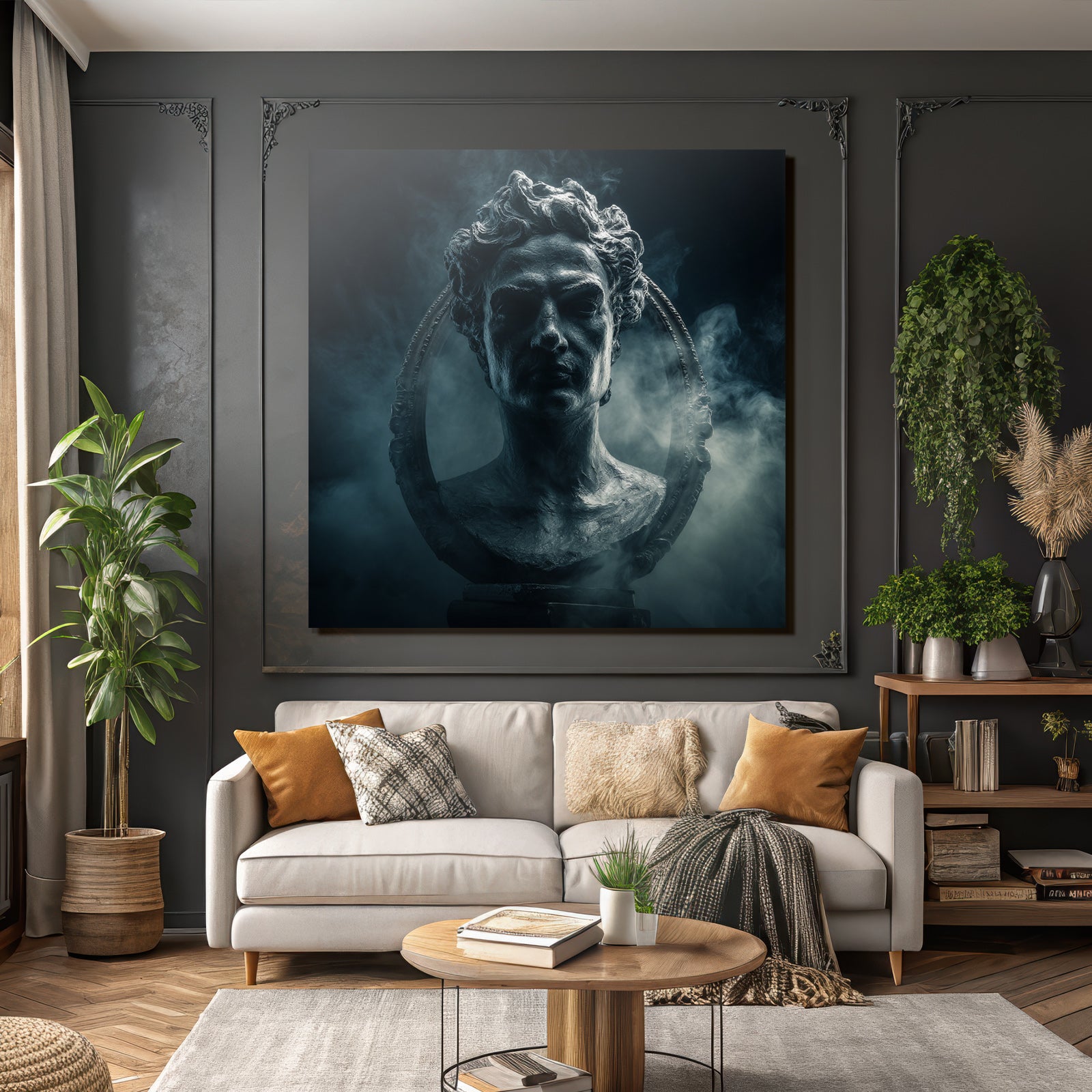 Dramatic artistic representation of a sculpture of a historical figure