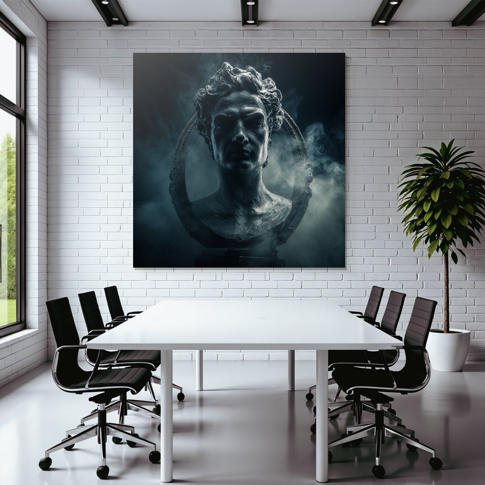 Dramatic artistic representation of a sculpture of a historical figure