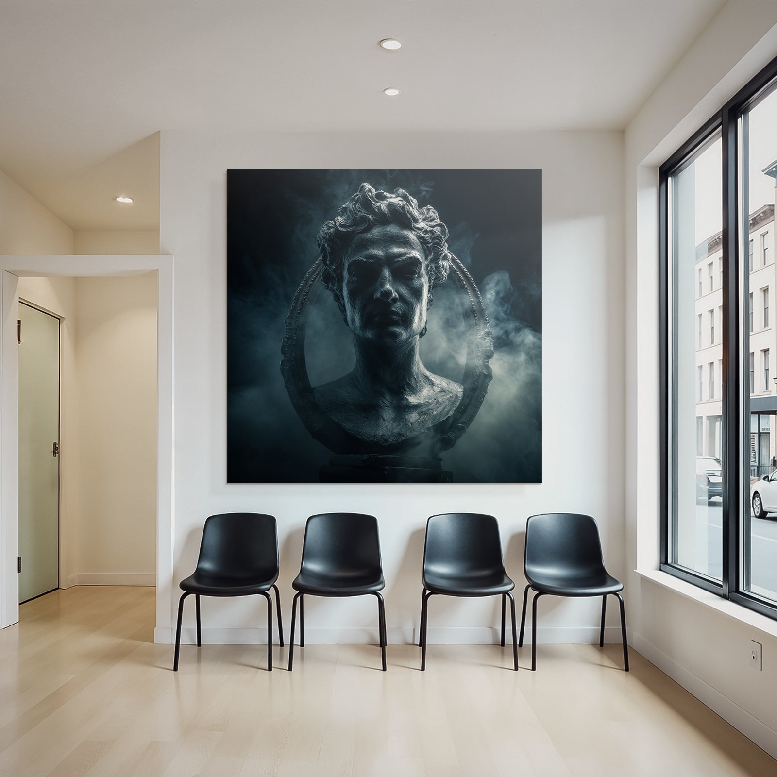 Dramatic artistic representation of a sculpture of a historical figure