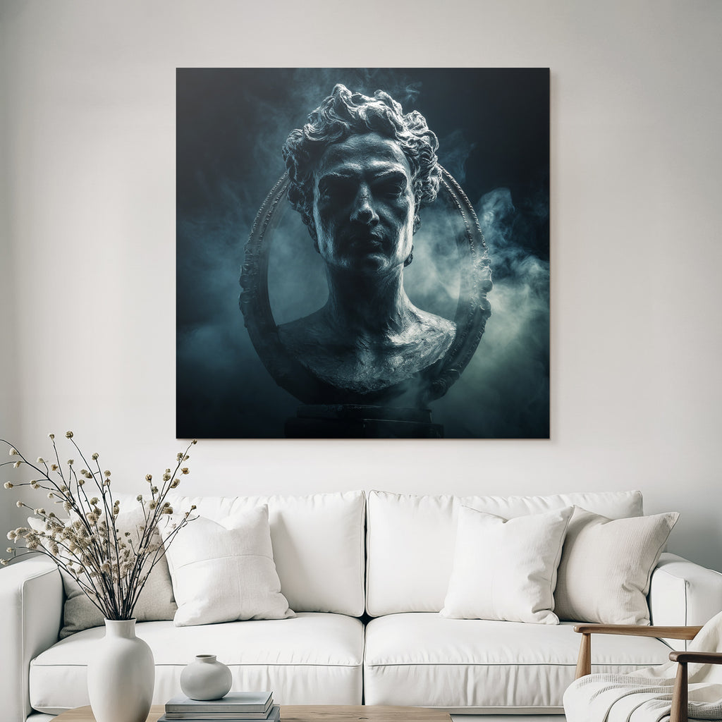 Dramatic artistic representation of a sculpture of a historical figure