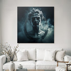 Dramatic artistic representation of a sculpture of a historical figure