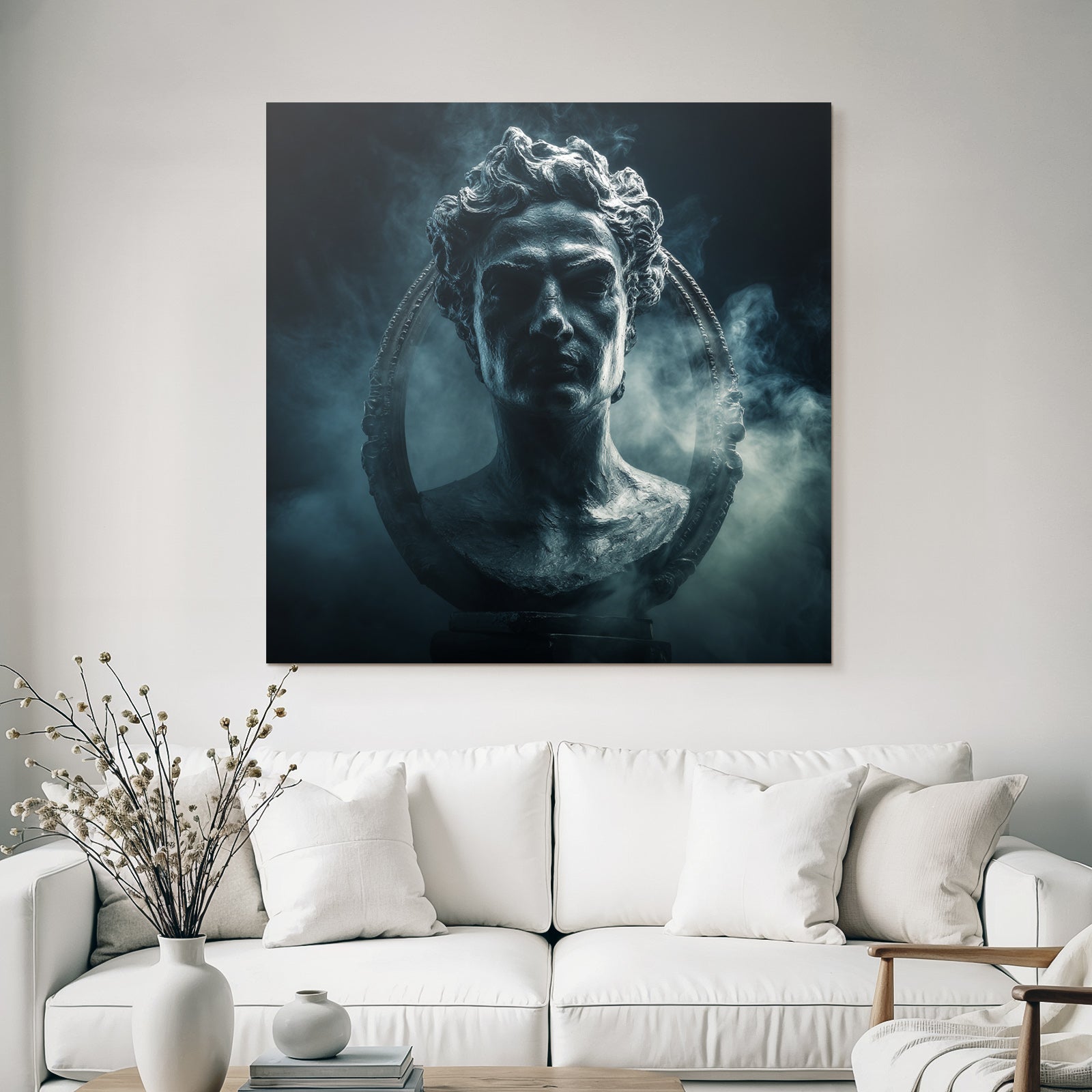 Dramatic artistic representation of a sculpture of a historical figure