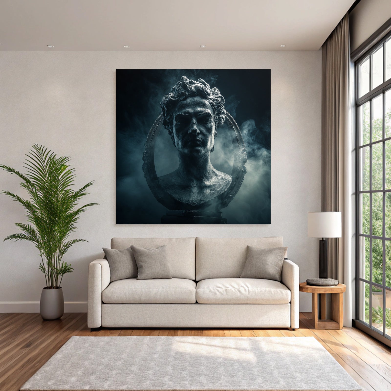 Dramatic artistic representation of a sculpture of a historical figure
