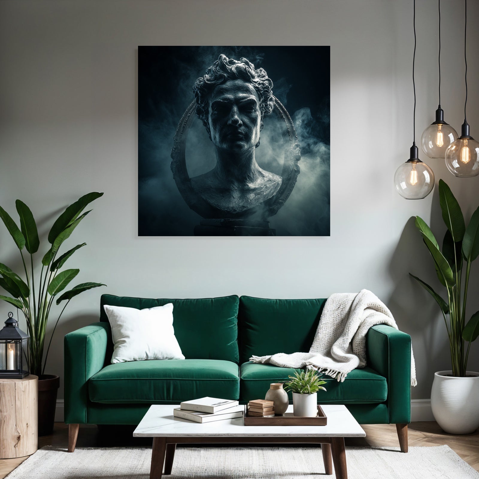 Dramatic artistic representation of a sculpture of a historical figure