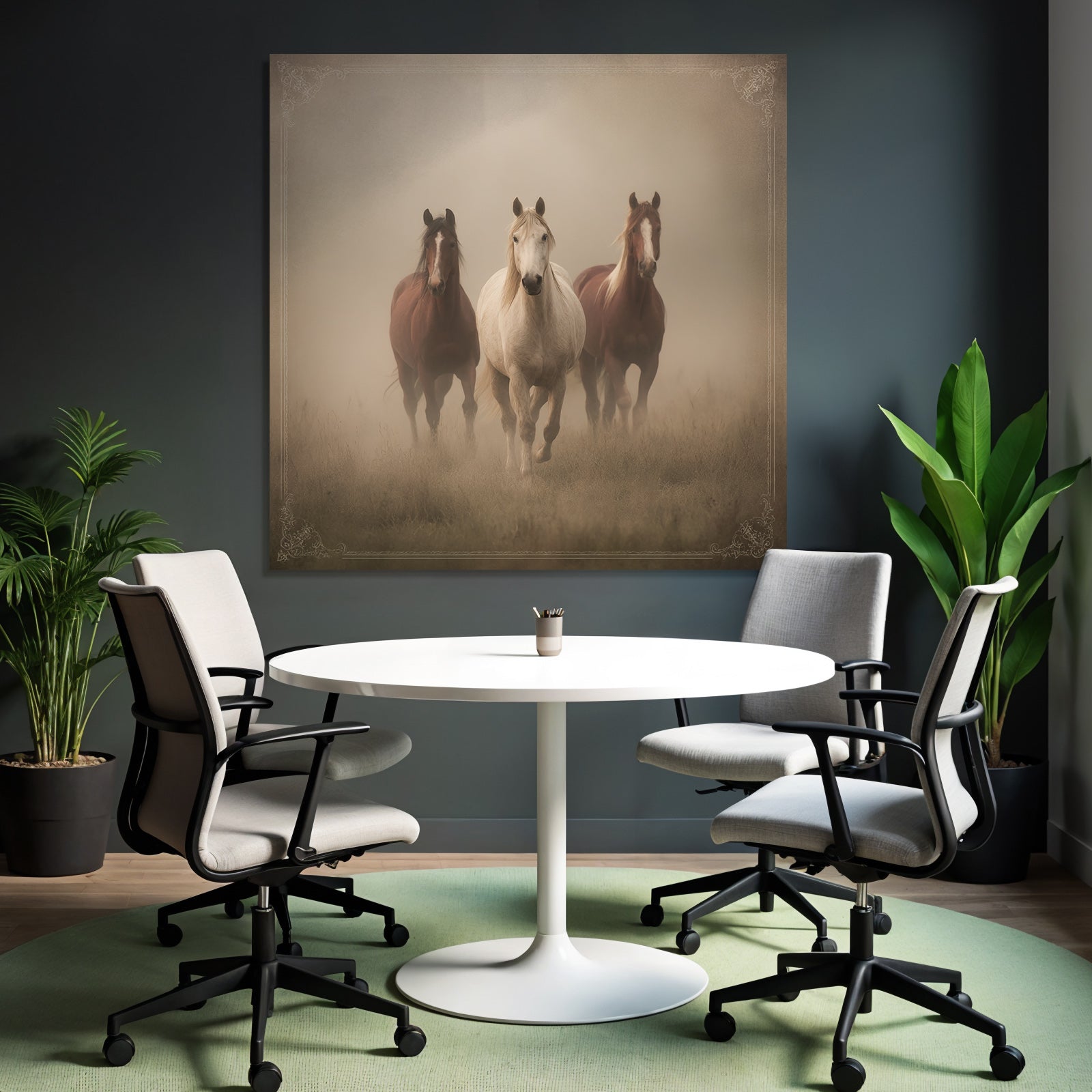 Three Horses Galloping Through Misty Land Participants Dreamlike Atmosphere