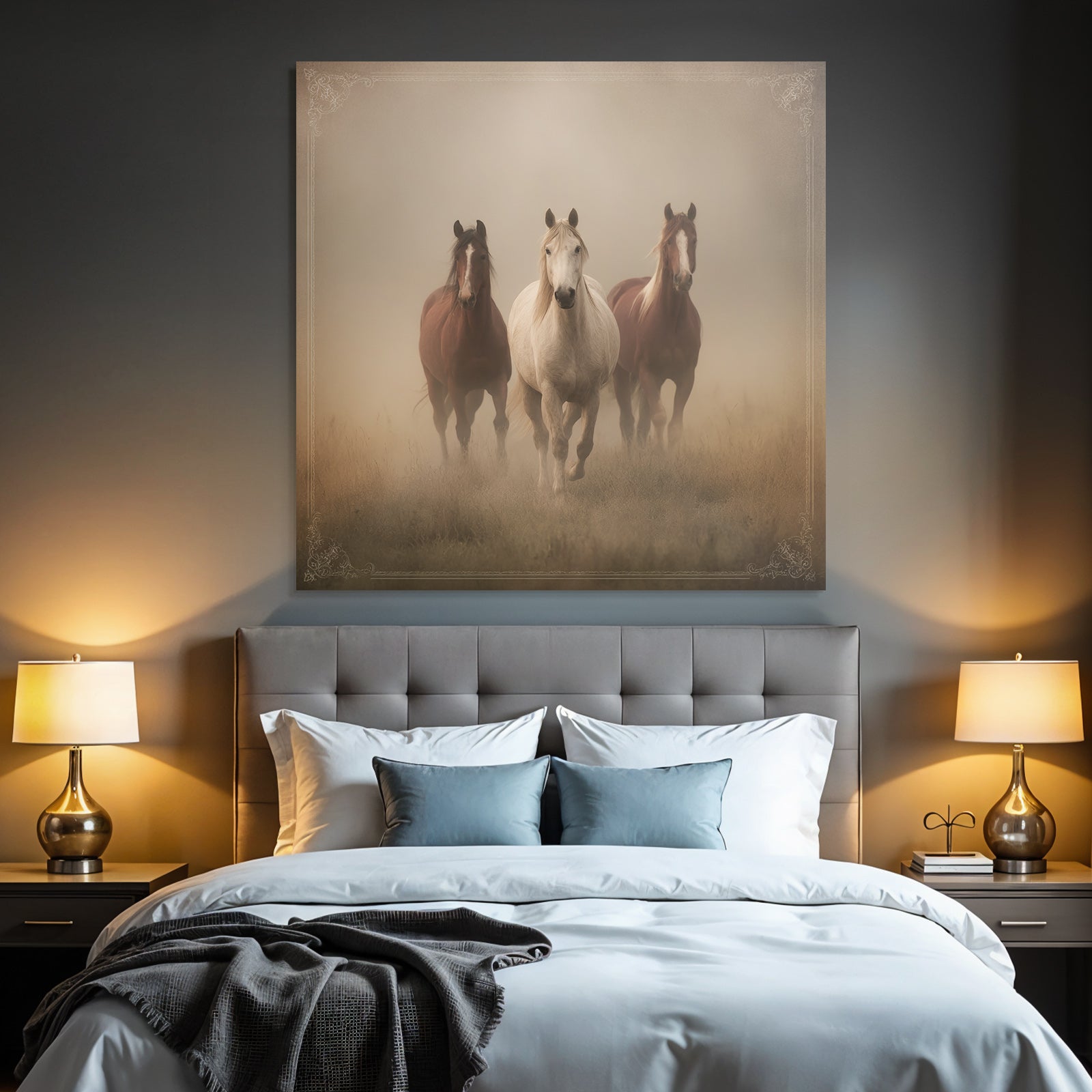 Three Horses Galloping Through Misty Land Participants Dreamlike Atmosphere