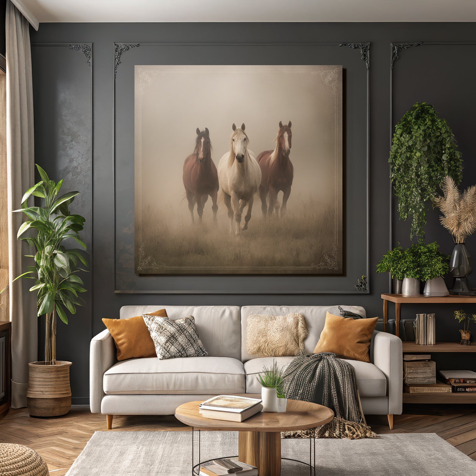Three Horses Galloping Through Misty Land Participants Dreamlike Atmosphere