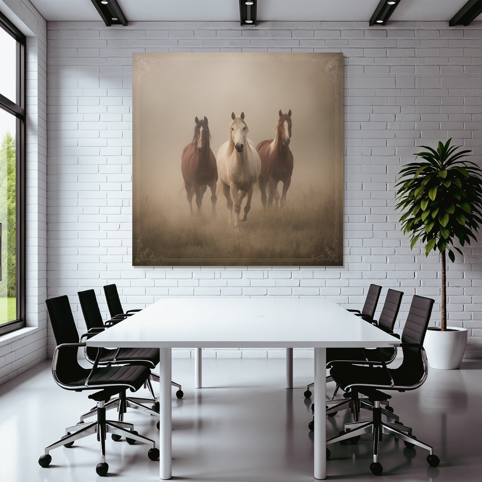 Three Horses Galloping Through Misty Land Participants Dreamlike Atmosphere