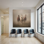Three Horses Galloping Through Misty Land Participants Dreamlike Atmosphere