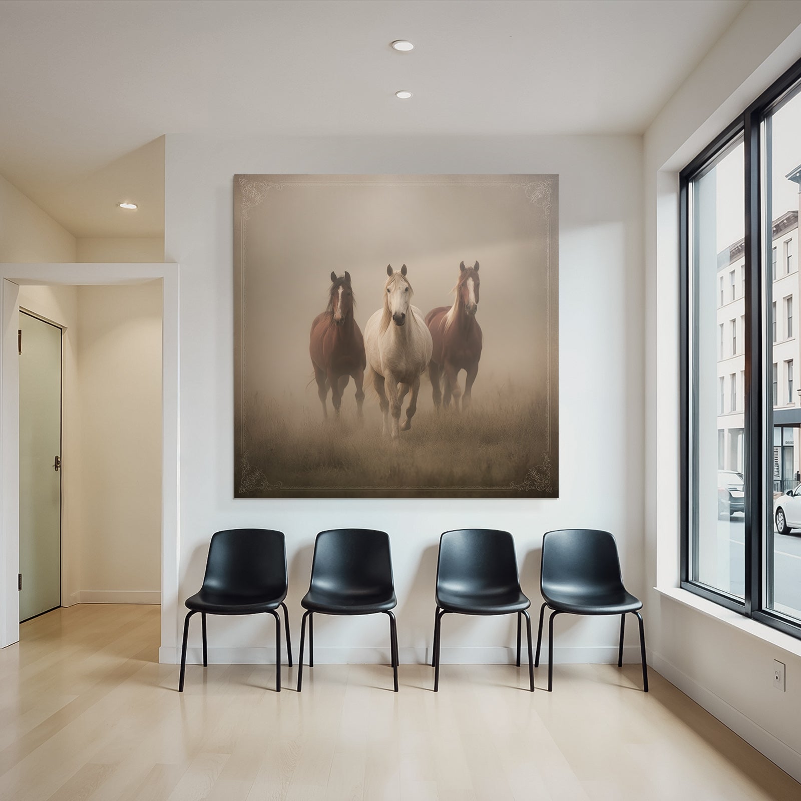 Three Horses Galloping Through Misty Land Participants Dreamlike Atmosphere
