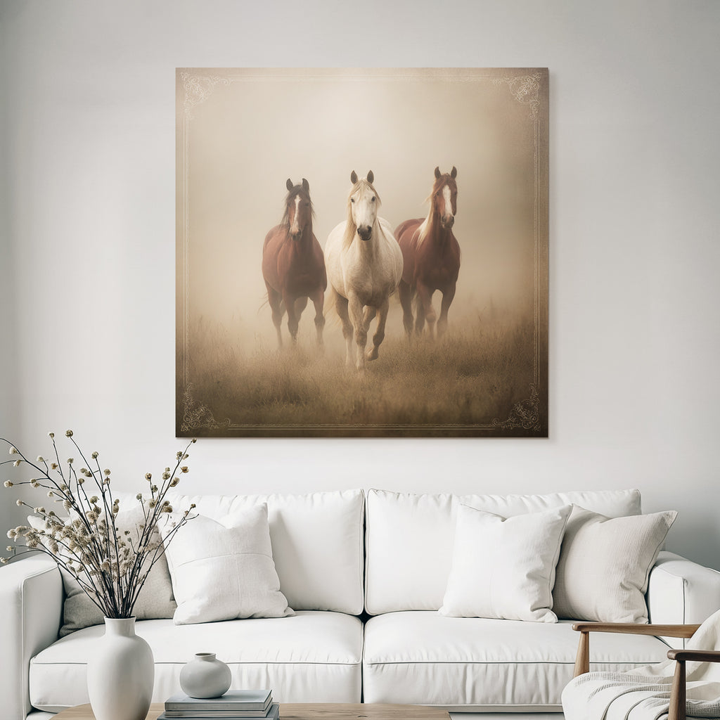 Three Horses Galloping Through Misty Land Participants Dreamlike Atmosphere