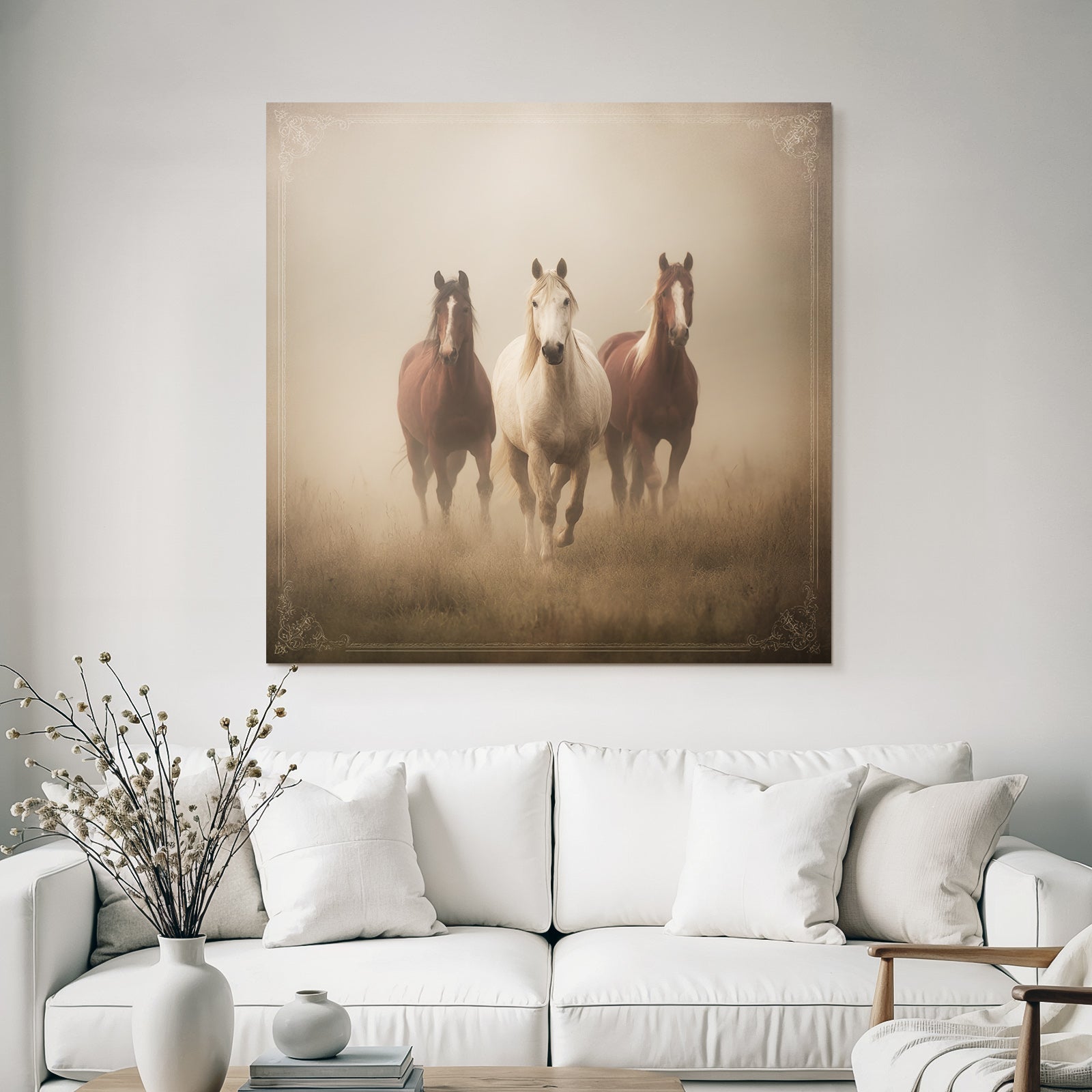 Three Horses Galloping Through Misty Land Participants Dreamlike Atmosphere