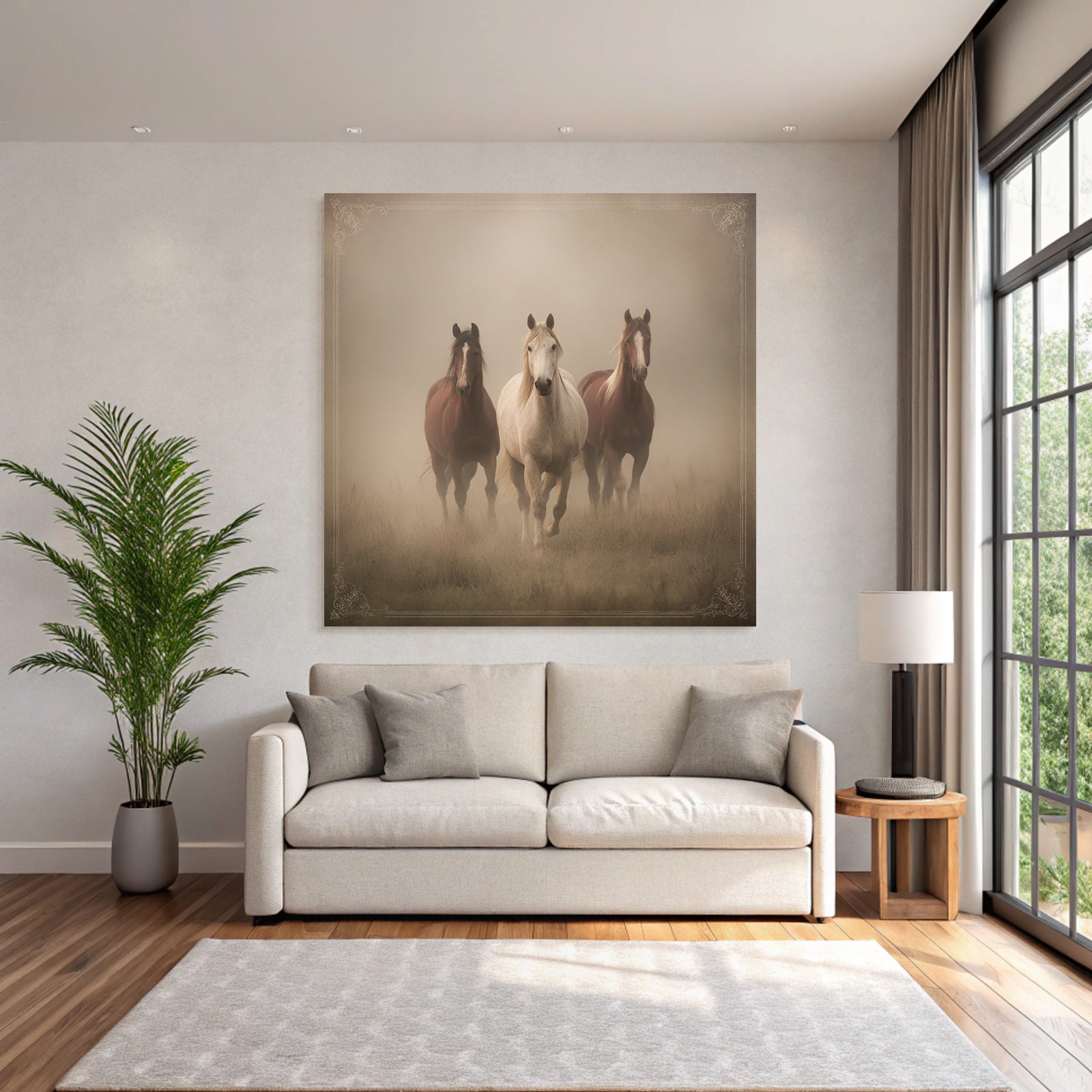 Three Horses Galloping Through Misty Land Participants Dreamlike Atmosphere
