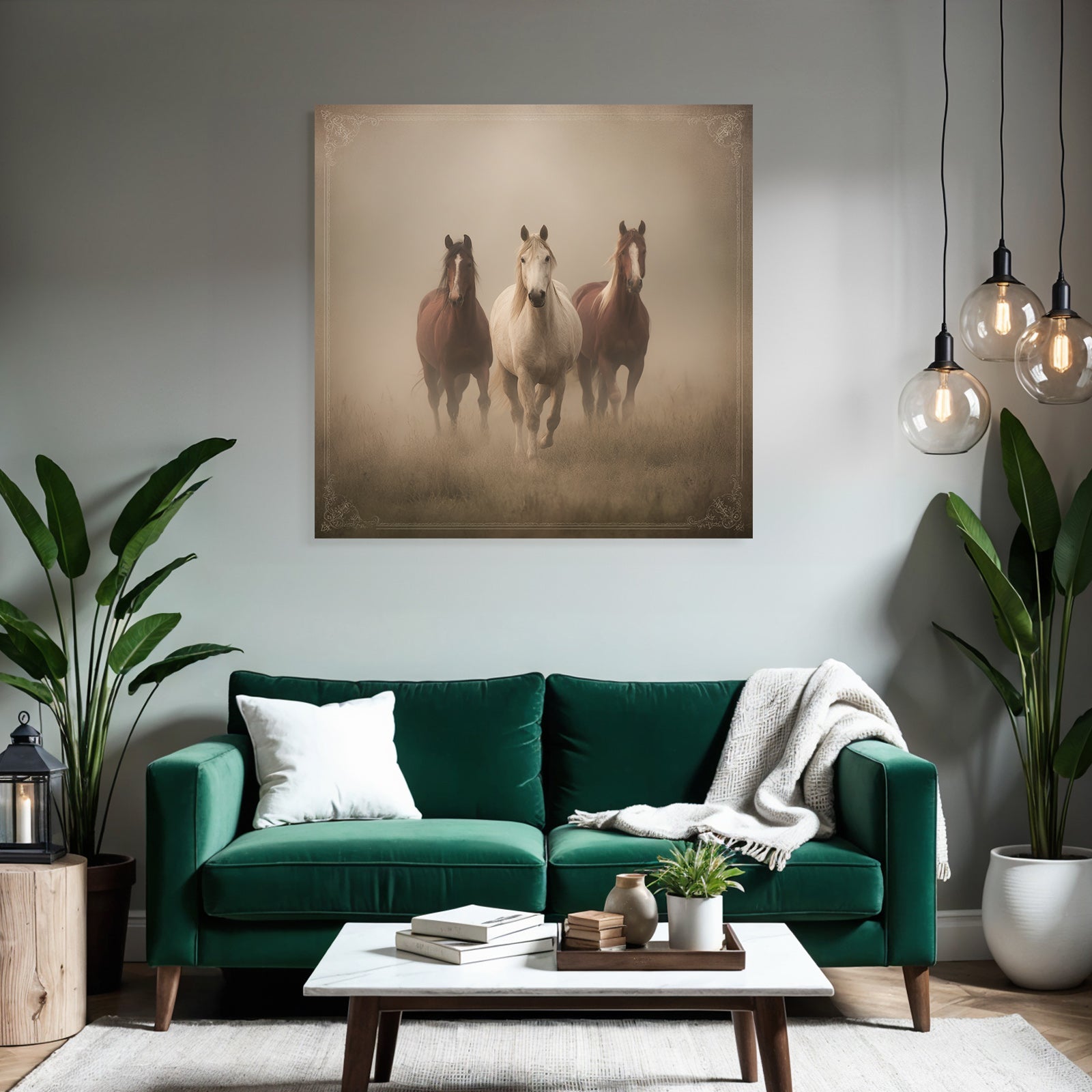 Three Horses Galloping Through Misty Land Participants Dreamlike Atmosphere