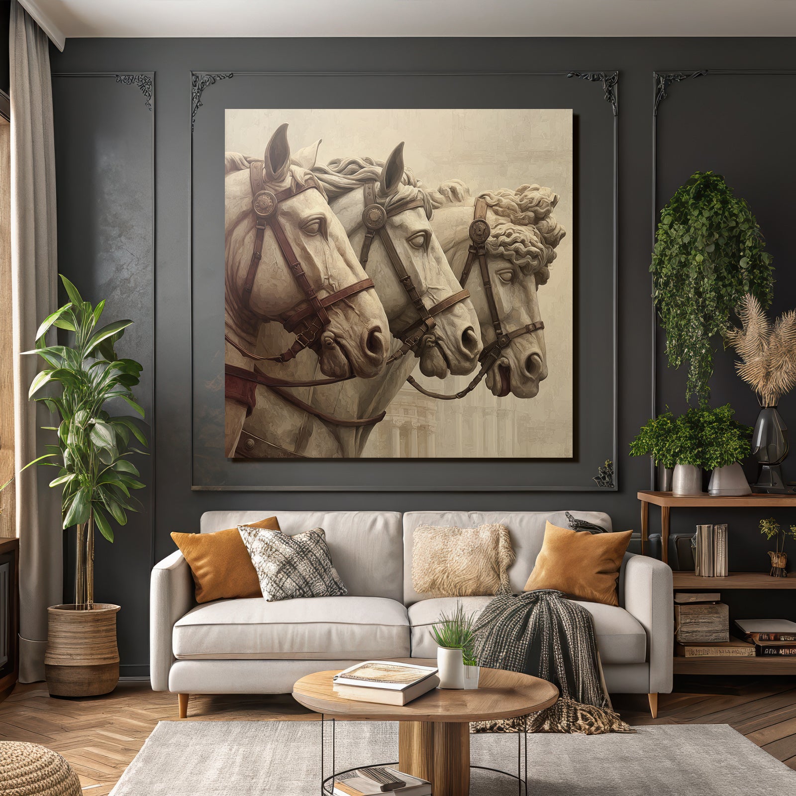 Three horse heads artwork marble texture ancient art