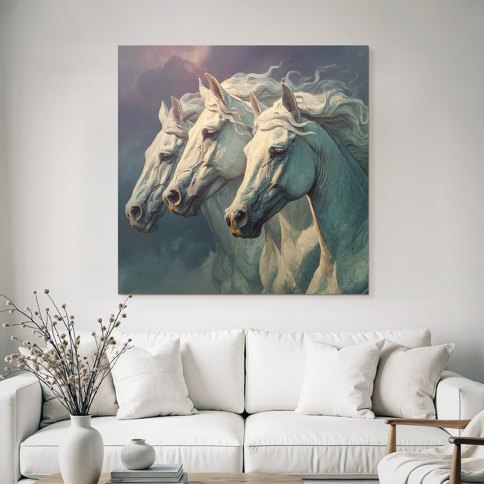 Three White Horses Stormy Sky Majestic