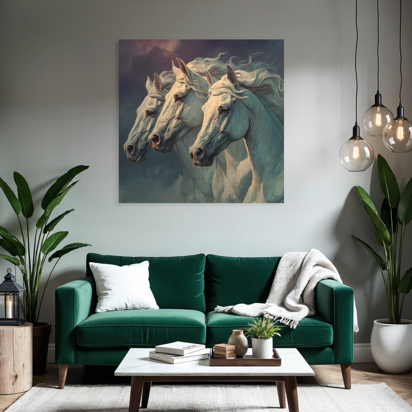 Three White Horses Stormy Sky Majestic