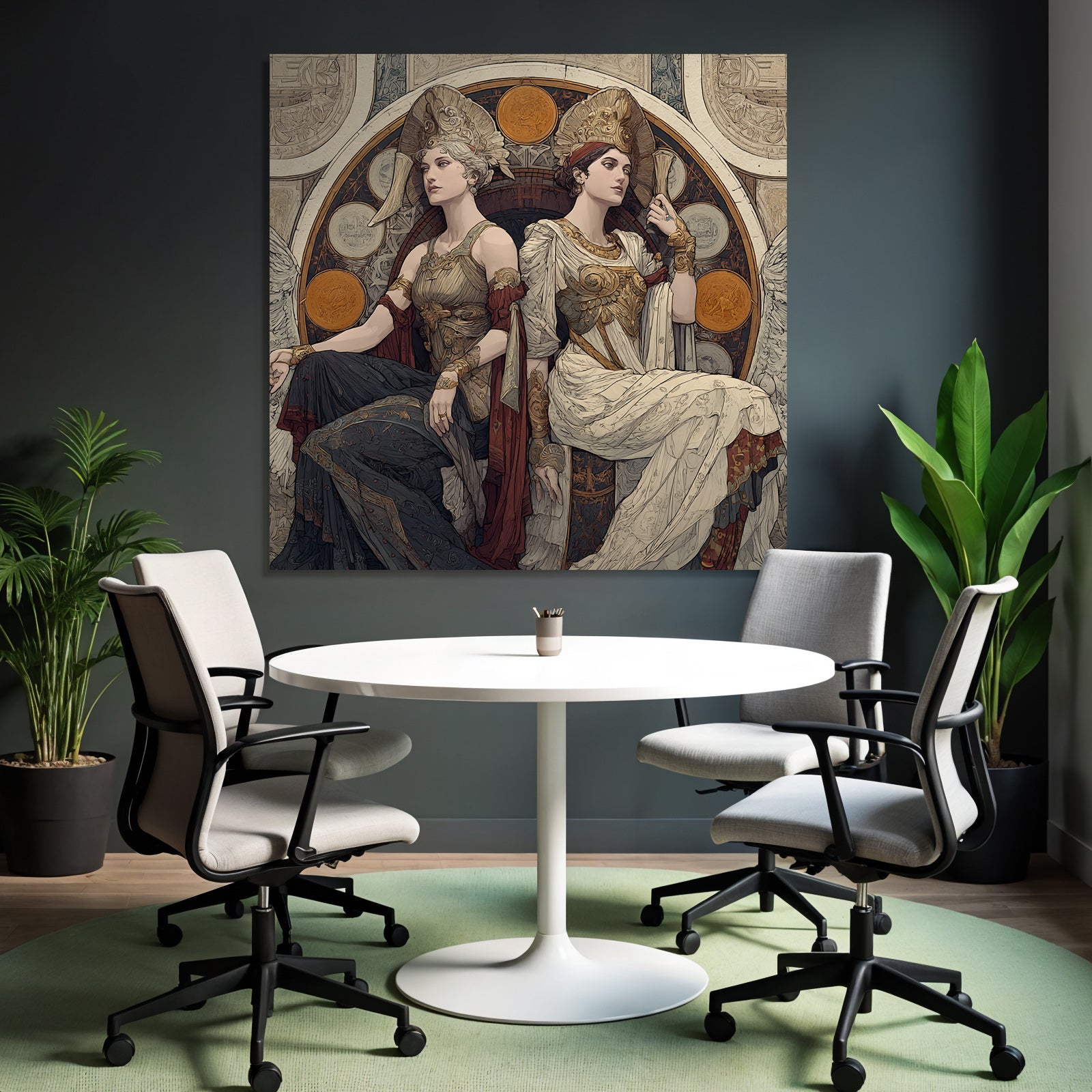 Elegantly Dressed Women with Mythological Themes