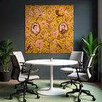 Floral patterns on a yellow background with portraits and birds